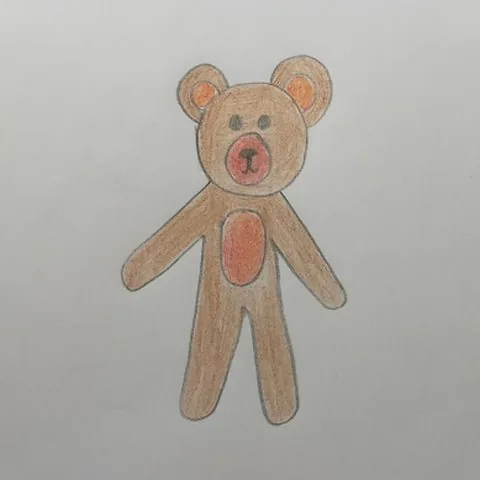A child's drawing of one character with arms and legs on white paper