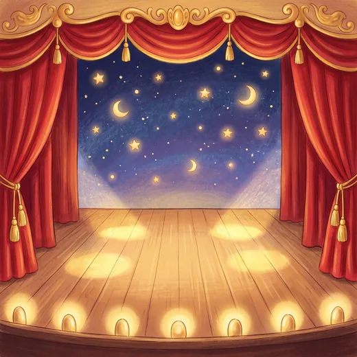 The Big Stage place with red curtains and footlights