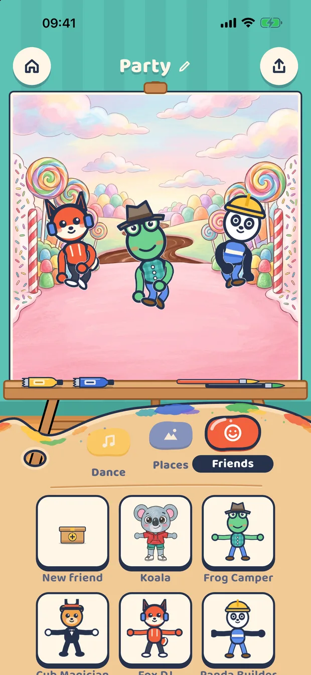 A world on the studio easel with three friends in Candy Land