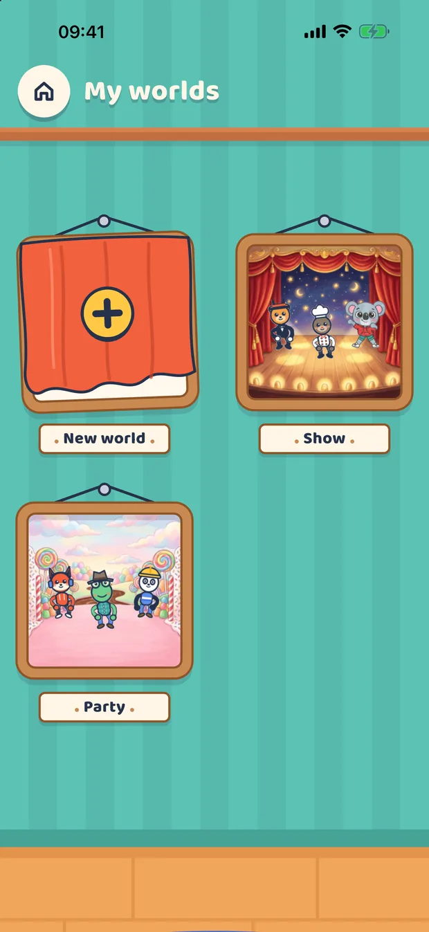 My worlds: framed pictures of the child's worlds on the wall